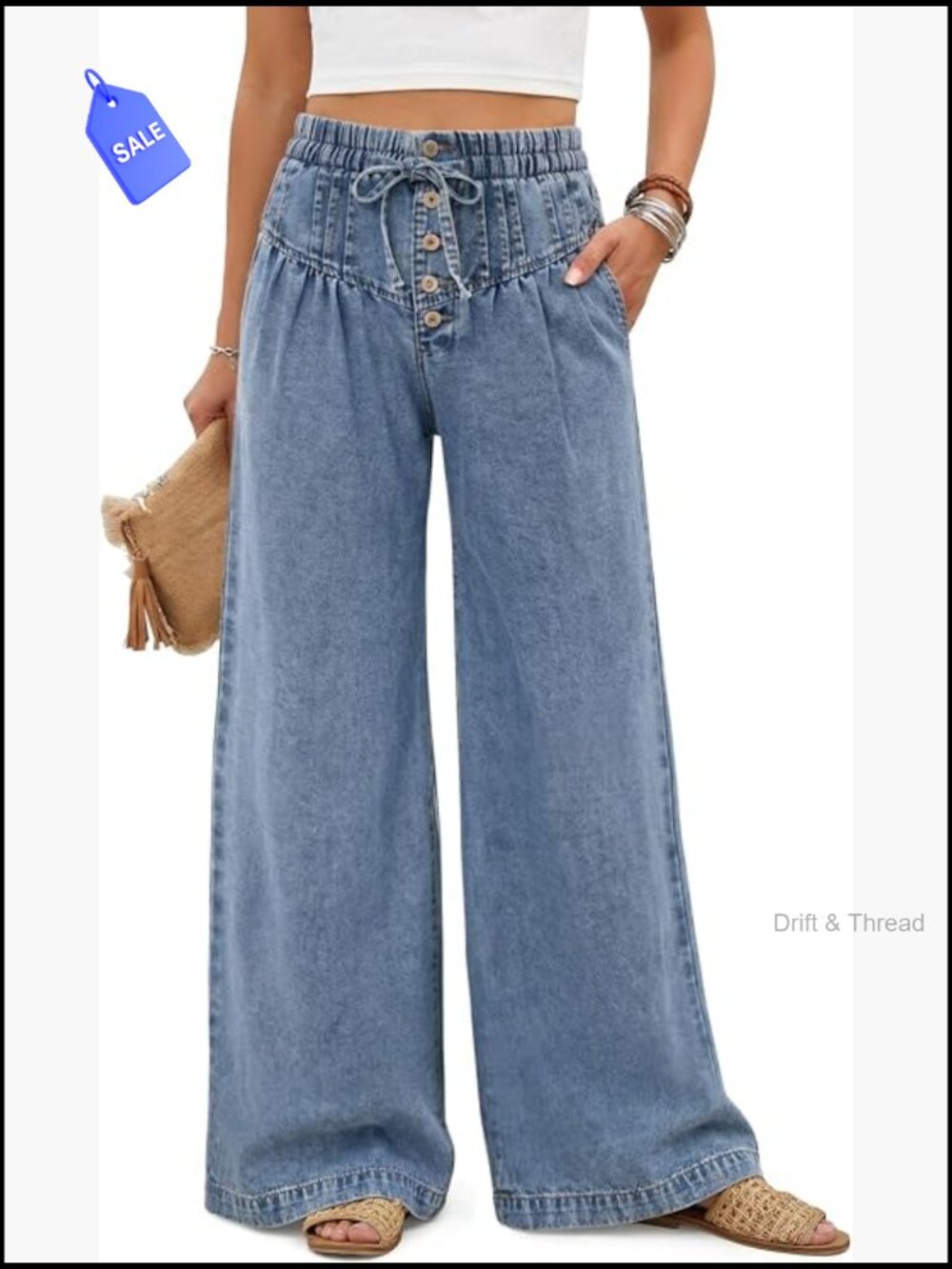 High Waist Wide Leg Denim Palazzo Pants Drawstring Ruffled Boho Jeans